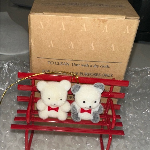 Avon Teddy Bear Collection Ornaments on bench with Red Bows - Picture 4 of 16